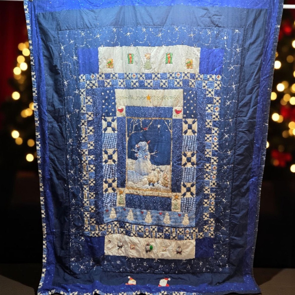 Handmade Christmas Quilt 62x84 Appliqué Cheater Patchwork, Scrappy Back Folk Art